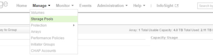 Nimble Storage array UI navigate to Manage > Storage Pools